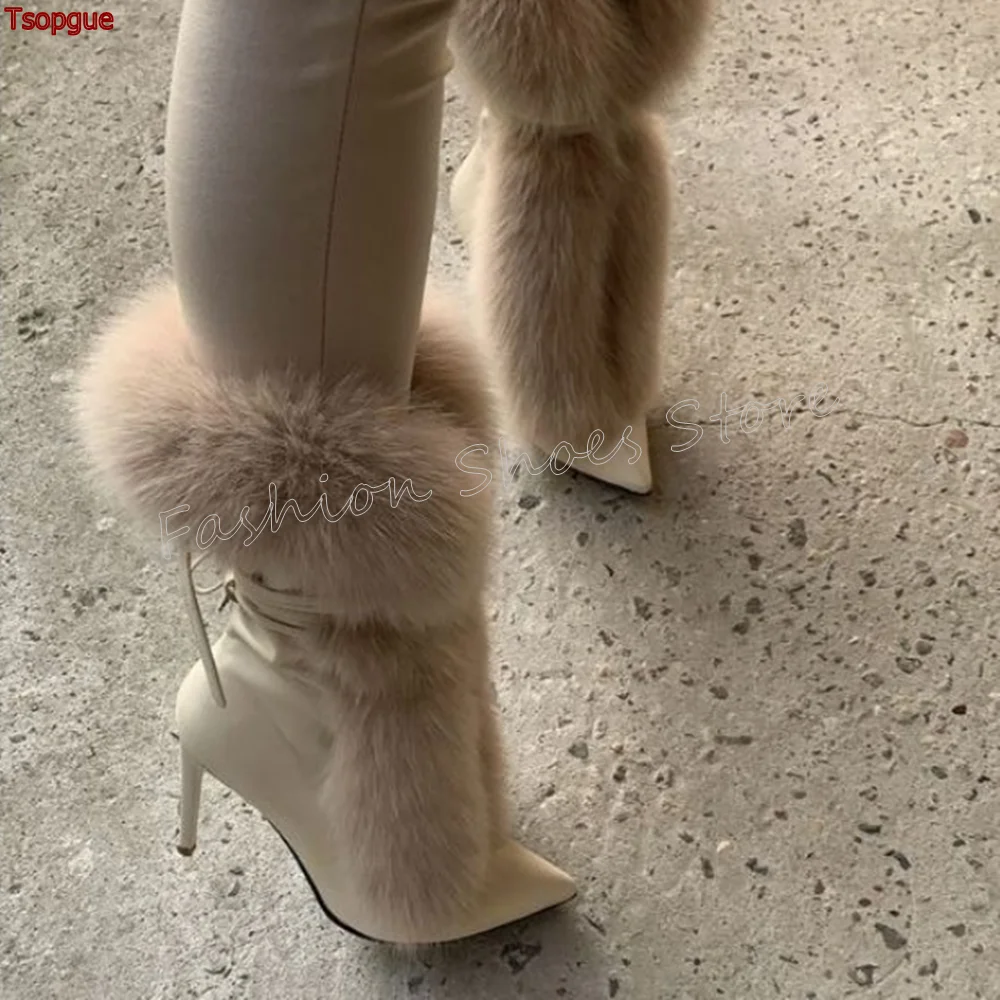 

Apricot Pointed Toe Fur Decor Boots Stilettos High Heels High Heel Shoes for Women Fashion Heels 2024 New Zapatos Para Mujere