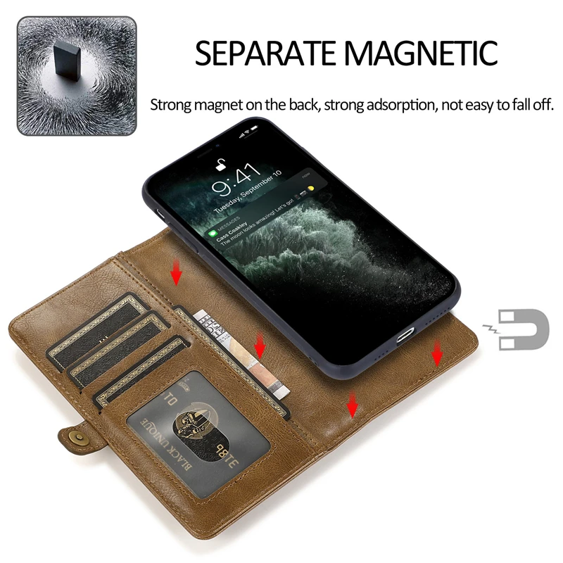 Detachable Magnetic Leather Phone Case For iPhone 15 Pro Max 14 11 12 13 Pro Max 15 Plus Wallet Card Pocket Flip Cover