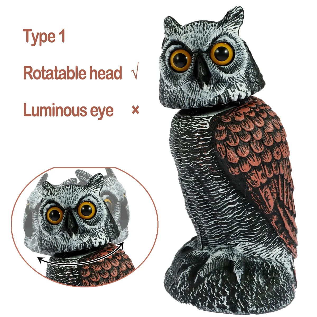 Simulation Owl Decoy Lifelike Fake Owl Bird Deterrent 360° Swivel Head Realistic Owl Statue Scare Birds Plastic Gardening Decor