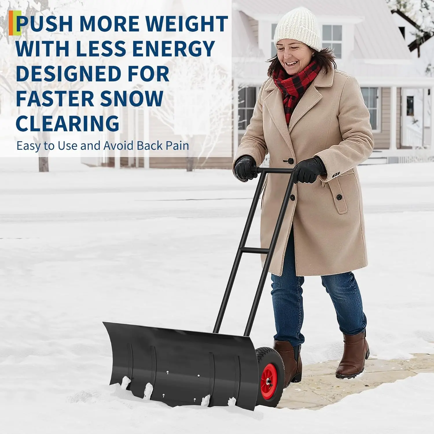 Heavy Duty Snow Shovel with Wheels, Carbon Steel Blade w/ Adjustable Ergonomic Handle for Driveway & Pavement Clearing