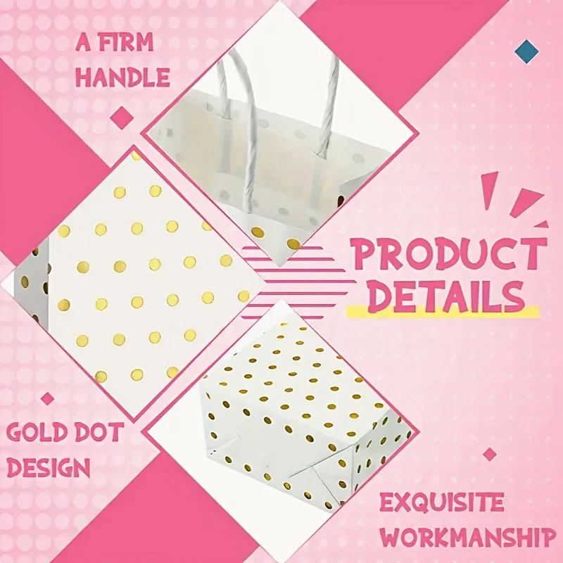 12 Stück Tragetaschen mit Heißprägung und Polka Dots, Mini-Geschenkverpackungstaschen aus Kraftpapier, geeignet für Party-Geschenkverpackungen, Weihnachtsgeschenke – Detail 2