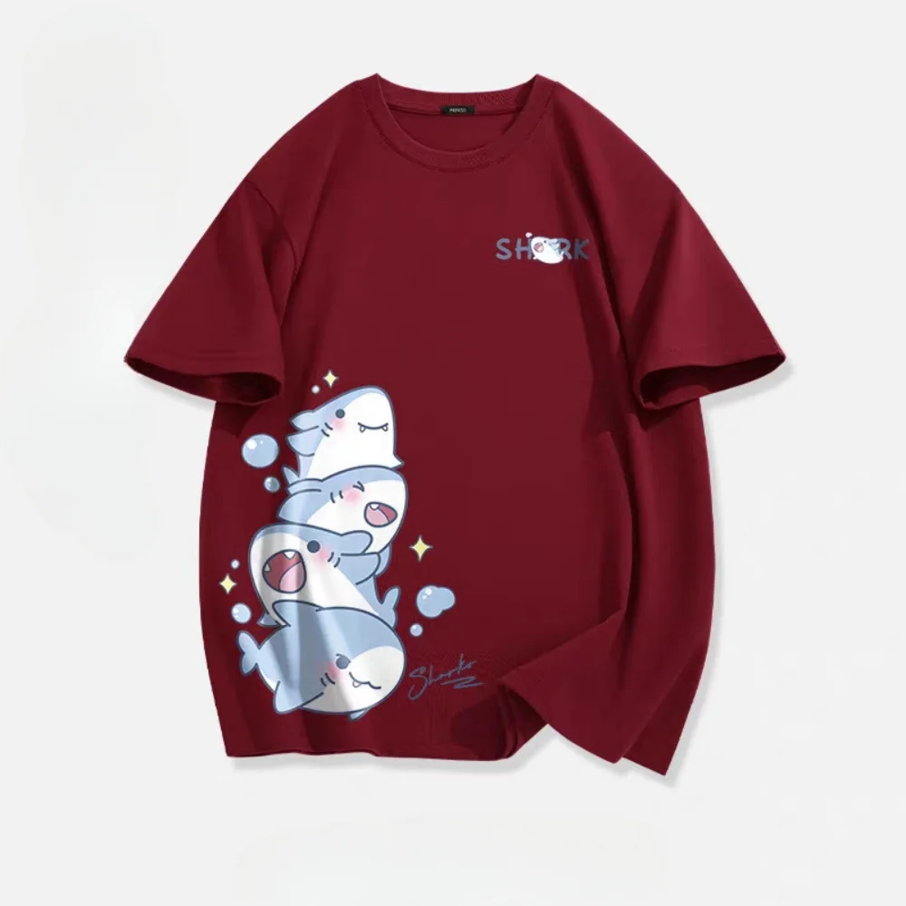 여름 아이스 실크 블루 탑 청소년 통기성 반팔 루즈핏 티셔츠 남자 귀여운 상어 만화 프린트 반팔 티셔츠