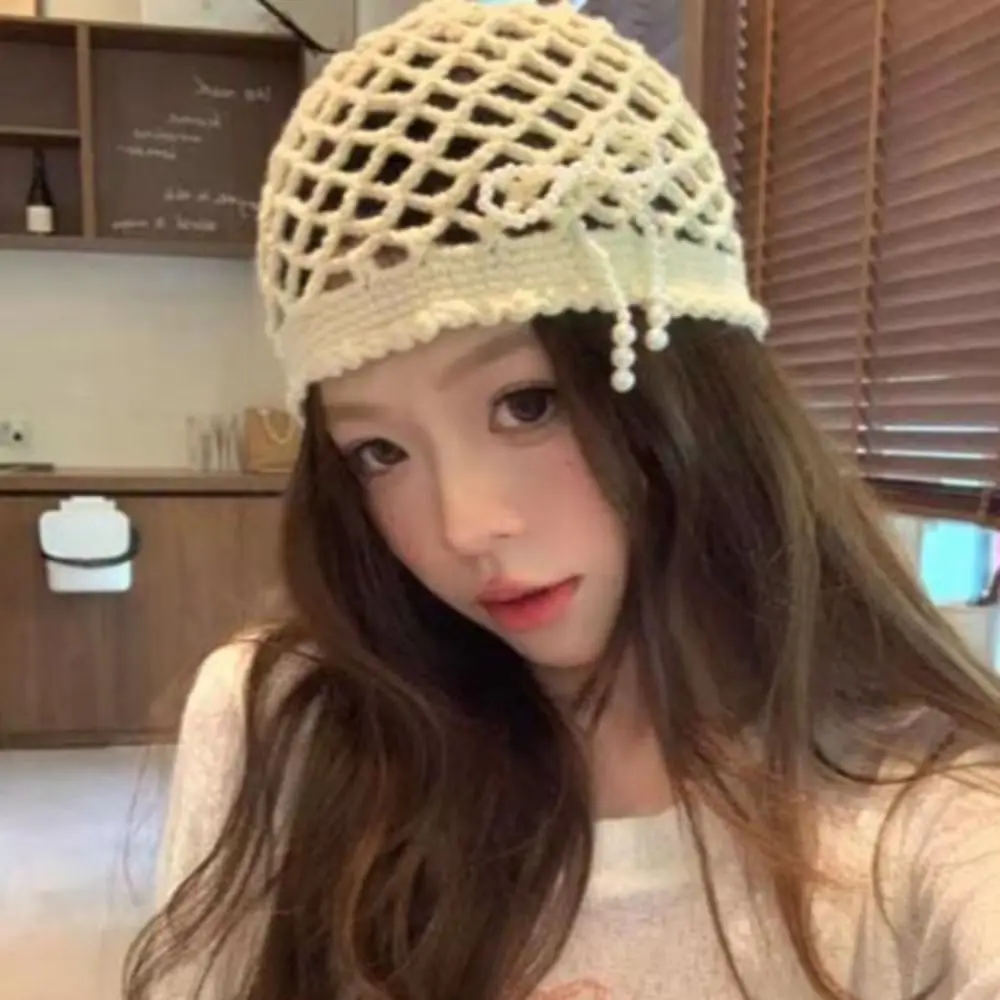 Retro Bohemian Hollow Knitted Beanies Hat Bow Sweet Tassel Pullover Hat Handmade Weave Cap Korean Crochet Cap Lady