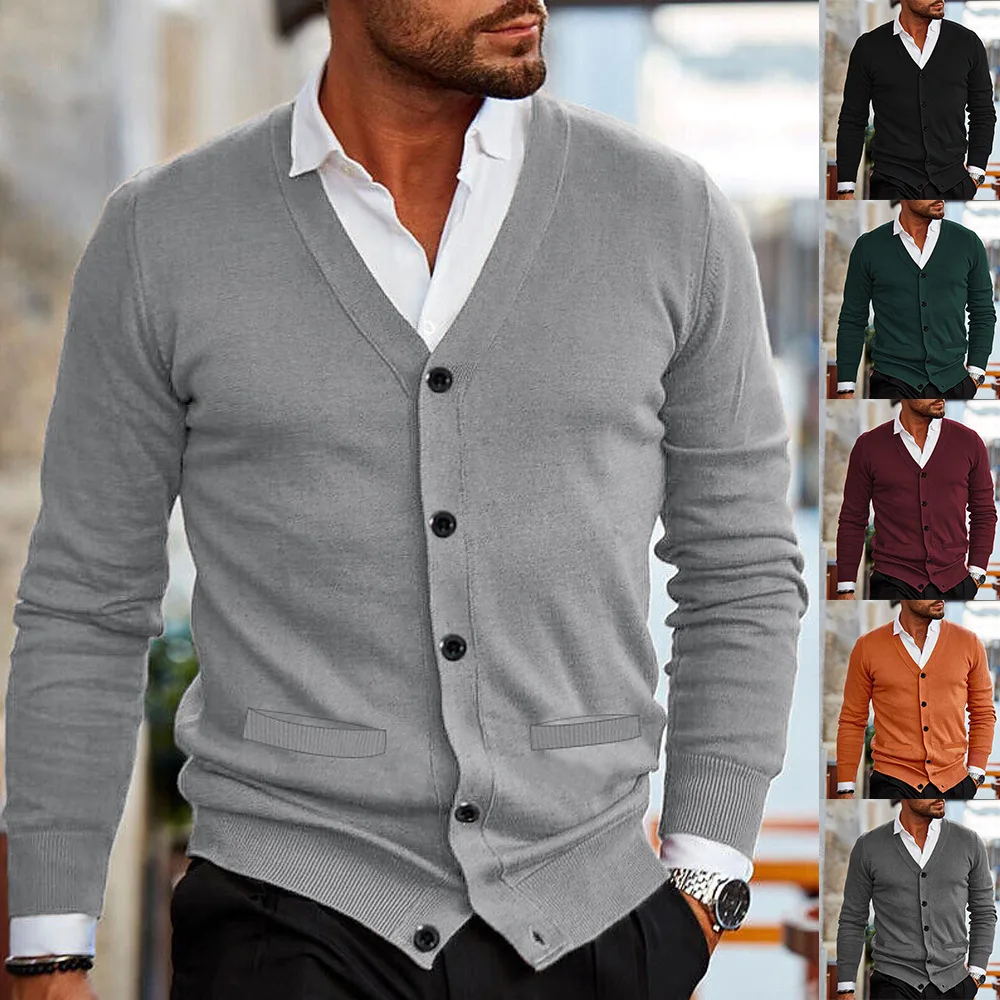 Cross border Men's Wear with Bilateral Pockets, New Knitwear for Autumn and Winter, V-neck Long Sleeve Slim Fit Sweater,