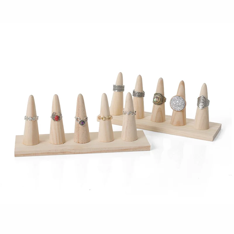 Wooden Ring Display Stand with 5 Cones Unfinished Natural Wood Ring Holder for Retail & Personal Organization