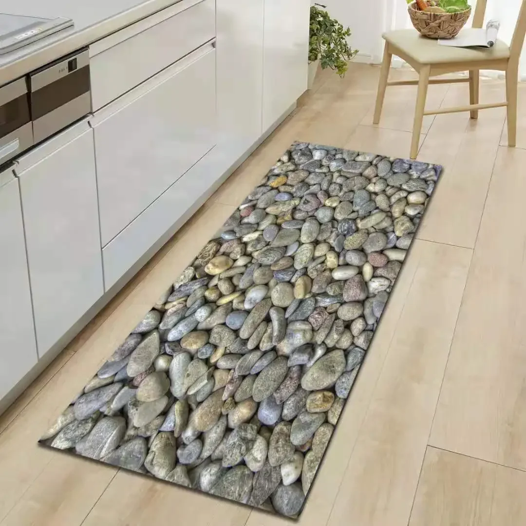 3D Pebble Stone Printed Kitchen Mat Hallway Bedroom Living Room Decor Carpet Soft Non-slip Long Strip Entrance Doormat Area Rug