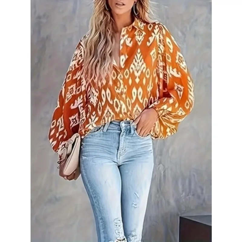 

Women's Plus Size Popular Top Fashionable Casual Orange Lantern Long Sleeved Printed Trendy Versatile Shirt