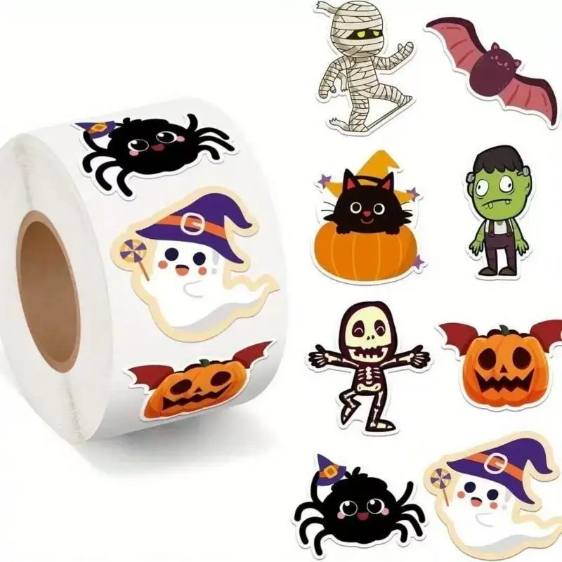 500Pcs/roll Halloween Sticker Rolls Halloween Pumpkin Ghost Stickers Spider Bat Cat Stickers For Party Decoration