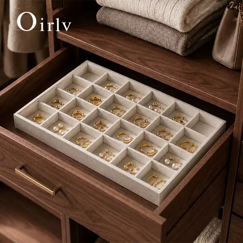 Oirlv Linen Jewelry Storage Case Stackable Multifunction Tray for Drawer Showcase Display Organizer Accessory Display Trays