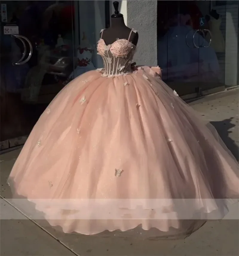 Pink Princess Quinceanera Dresses 2024 With Bow 3D Butterfly Appliques Beads Mexican Girls Birthday Party For 15th Girls HOT