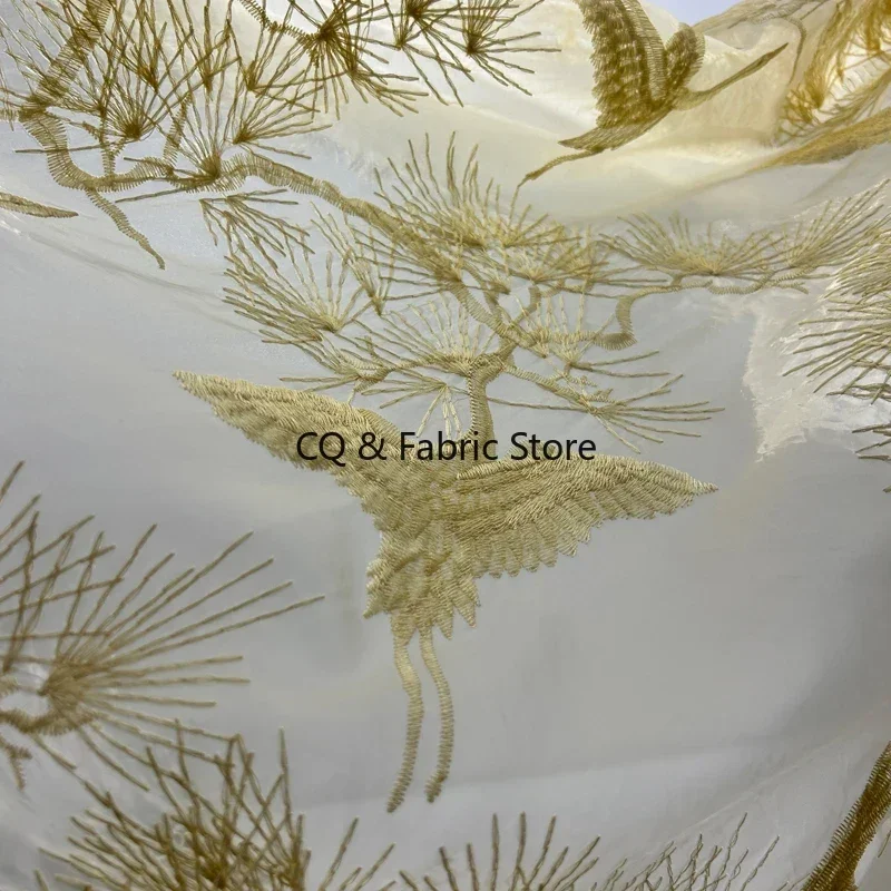 High-Quality Embroidered Organza Fabric with Chinese-style Pine Crane Pattern for Wedding and Evening Dress Designers By Yard