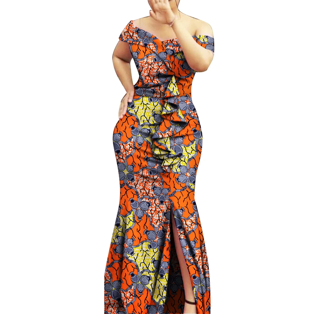 فساتين أفريقية للنساء موضة مائل الرقبة كشكش فستان ماكسي المرأة بازان الثراء طباعة الملابس الأفريقية فستان سهرة WY8894