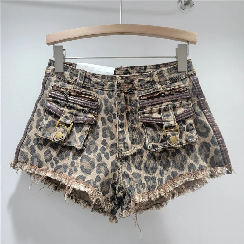 

Denim Pant Women Jeans Short Pants Slim Fit Low Waist Leopard Straight Trousers Y2k Streetwear Elegant Splice Work Casual 2025