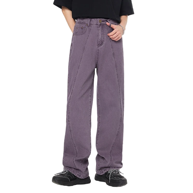 2024new purple loose jeans men\'s fashioninscasual all-match street fashion high-end washed wide-leg draggle-tail trousers