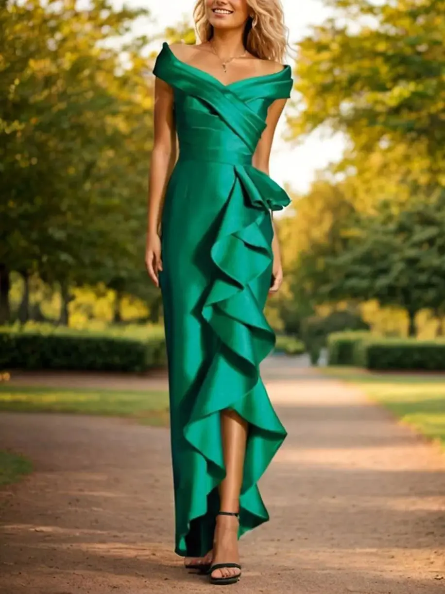 

Элегантное винтажное вечернее платье-футляр с открытыми плечами, атласное платье с короткими рукавами и оборками до щиколотки, асимметричное платье 2025, бесплатно по индивидуальному заказу