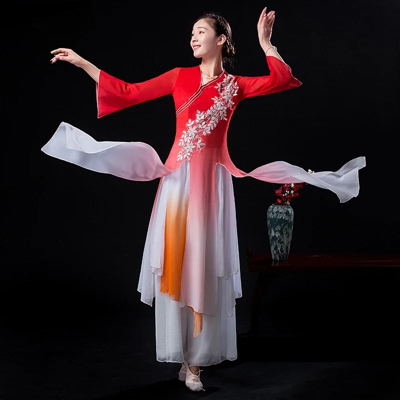 Classical Chinese Drum Dance Costumes Yangko Drum Wear Stage Performance Clothes Elegant Umbrella Fan Dance Hanfu Clothing