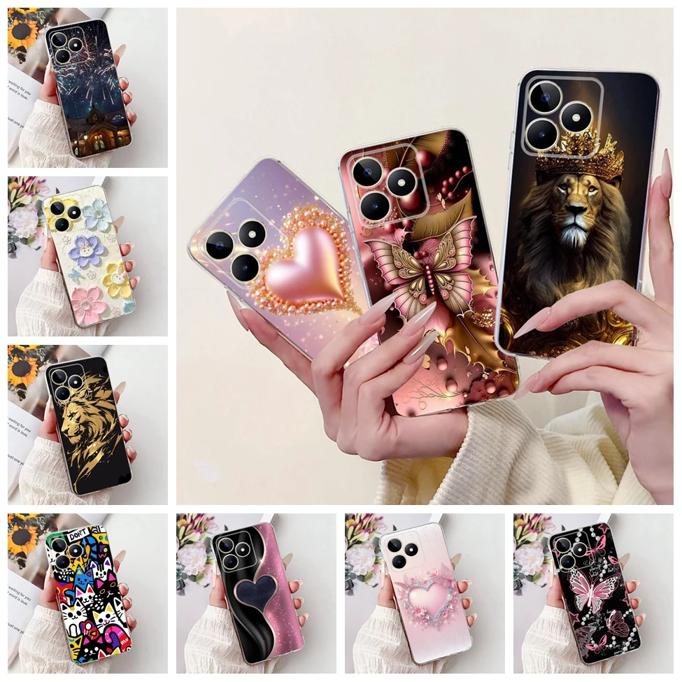 

Прозрачный чехол для Realme C51 C53, чехол с милым котом, цветком и бабочкой для мальчиков и девочек, чехол для Realme Narzo N53, задняя крышка RMX3761 RMX3830 RMX3760