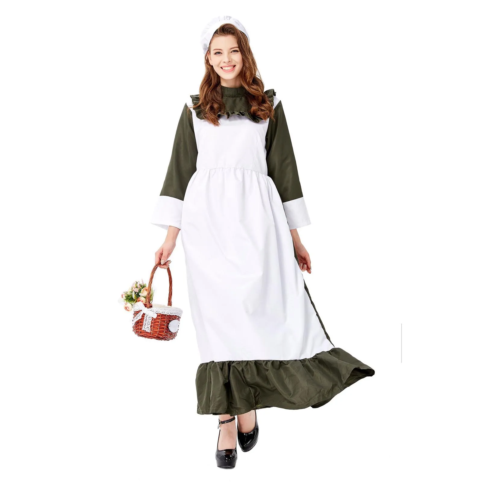 

Women Pioneer Colonial Prairie Dress Pilgrim Historical Civil War Dress With Apron Bonnet Halloween Farm Maid Costume