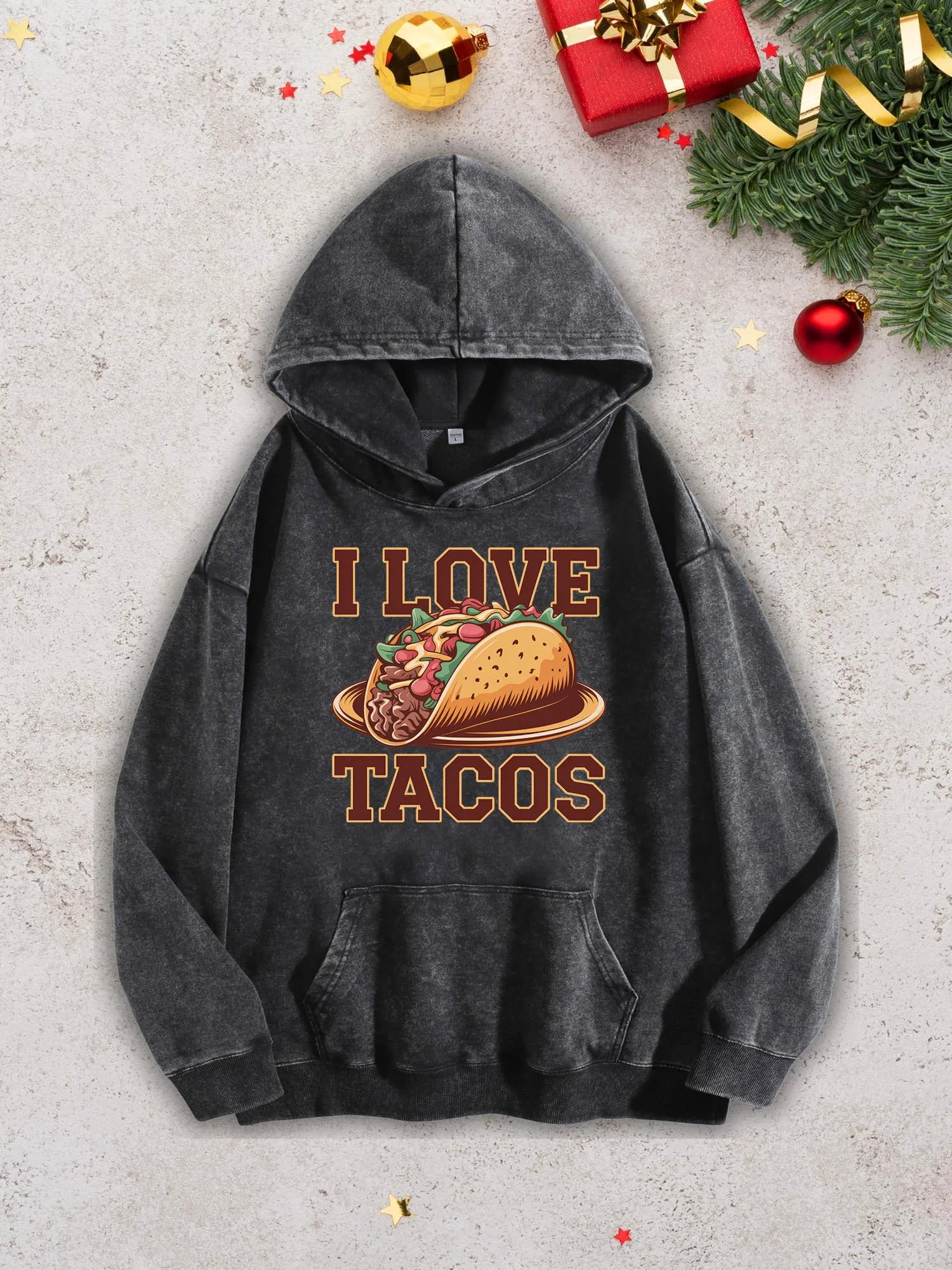 سترة بغطاء للرأس ثقيلة الوزن للرجال من I Love Tacos - بلوفر أسود كلاسيكي لغسل الأحماض، سترة خريف وشتاء 400Gsm
