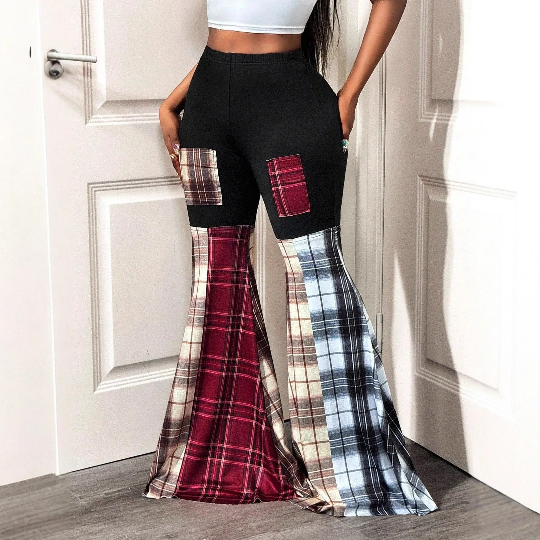 

Новые расклешенные брюки DSMTRC с высокой талией, геометрическим принтом и вставками, на эластичной резинке, весна 2026, для женщин, в стиле Y2K, клубная одежда