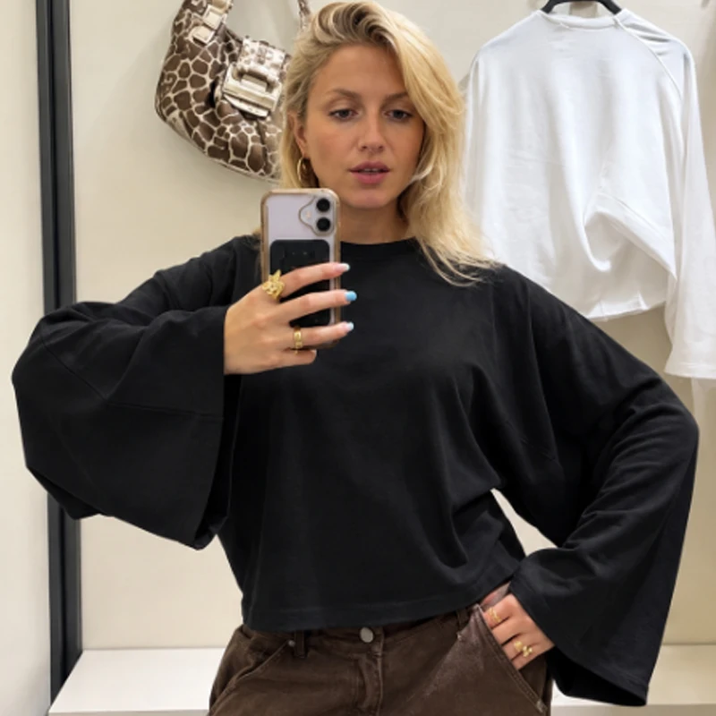 HXAO Cropped Oversized T-Shirt Damen Langarm-Oberteil Herbst 2026 Elegantes Weißes Schwarzes Braunes Oberteil O-Ausschnitt Glockenärmel Basic-Shirt – Detail 9