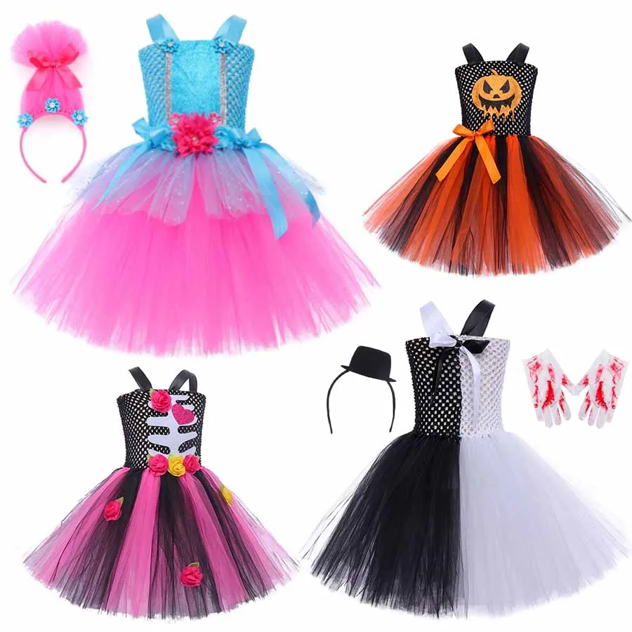 Trolls Tutu Dress for Girls Princess Poppy Birthday Costumes Carnival Party Costume Toddler Kids Pumpkin Dress Up DanceTutu Dres