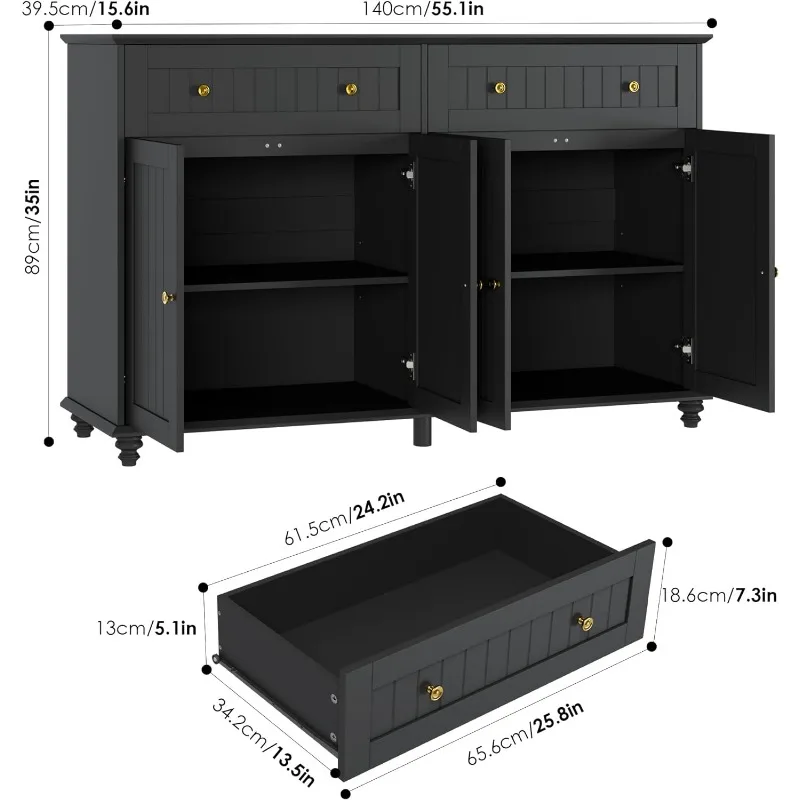 Buffet with Storage, 55.1-Inch Sideboard Buffet, Kitchen Cabinet Display Cabinet with 2 Drawers and 4 Doors