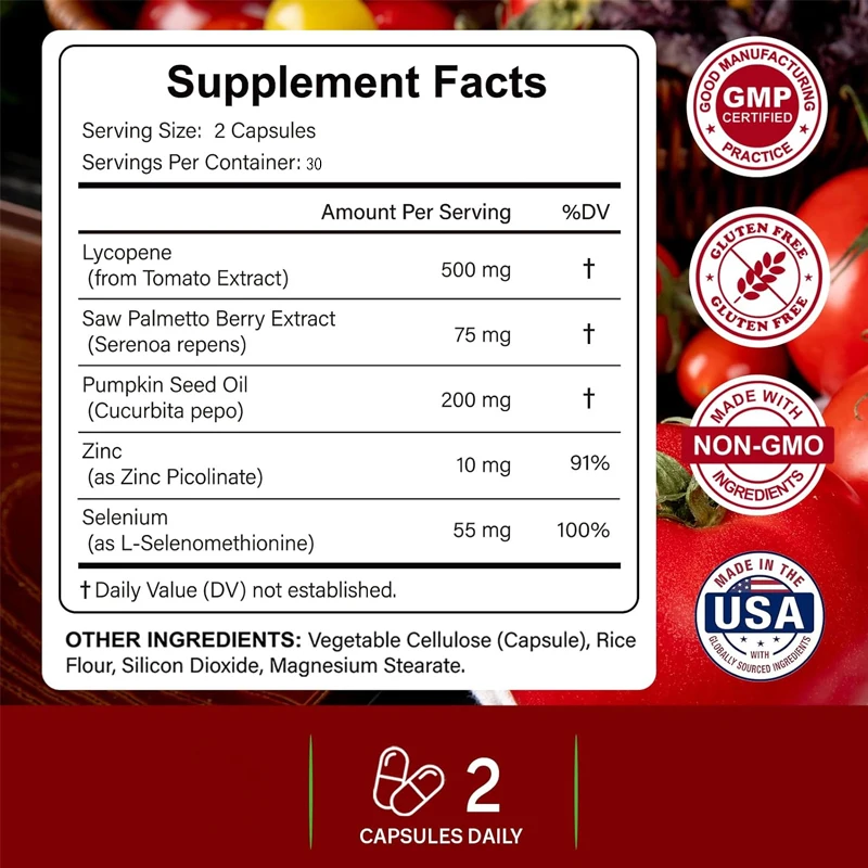 Lycopene 500MG, 5-in-1 | Supports skin health, contains pumpkin seed oil, zinc, and selenium | Pure, non GMO, 60 capsules