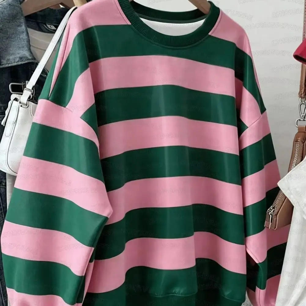 Damen-Freizeitpullover in Rosa und Grün mit Buntem Streifenmuster, Koreanischer Stil, Modische Herbst-Winter-Pullover – Detail 4