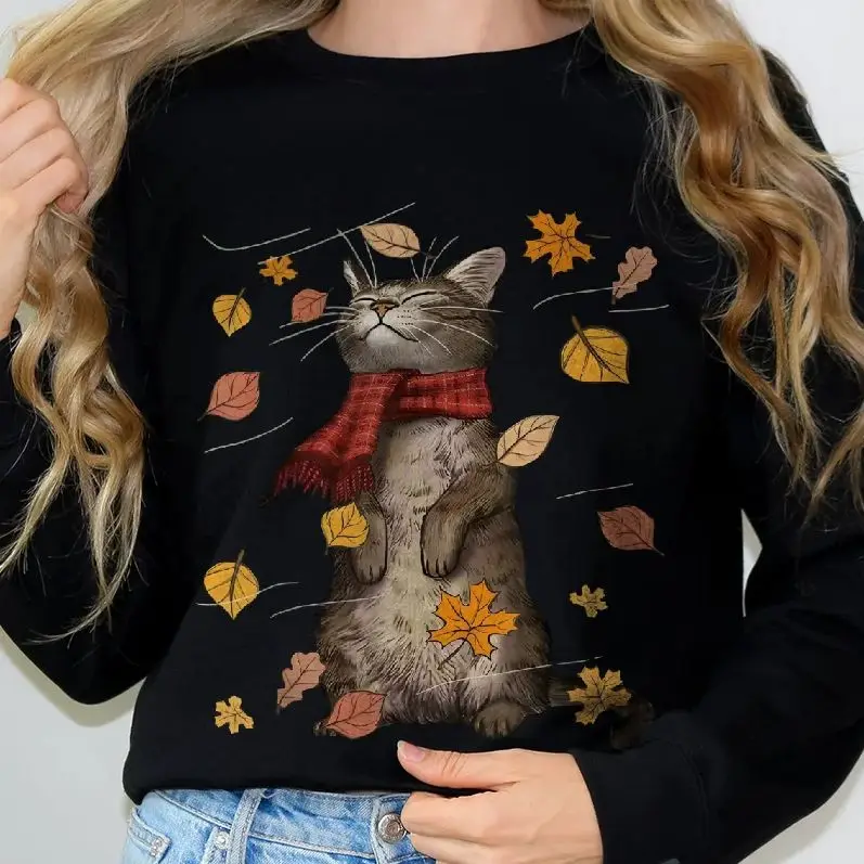 

Autumn Kitten Sweatshirt Long Sleeves Stylish Pullover Y2K Graphic Hoodies Crew Neck Unisex Casual Daily Wear Retro Vintage