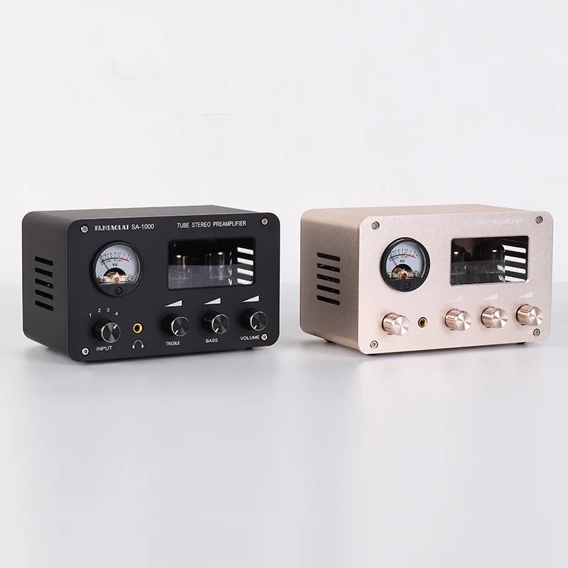 Audiophile Tube Preamp 4-input 2-output HIFI Preamp with Built-in VU Level Meter High-bass Adjustment Headphone Amplifier