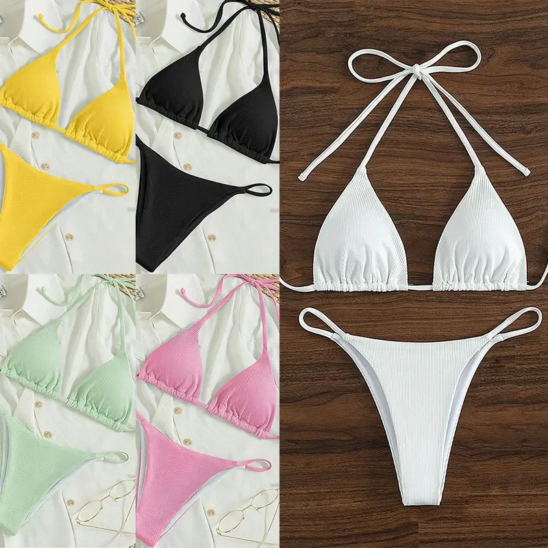 

New Style Ribbed Bikini Set Solid Bathing Suit Woman Sexy Swimsuit Beachwear Women's Bikini High waist Lace up Swimwear With Pad