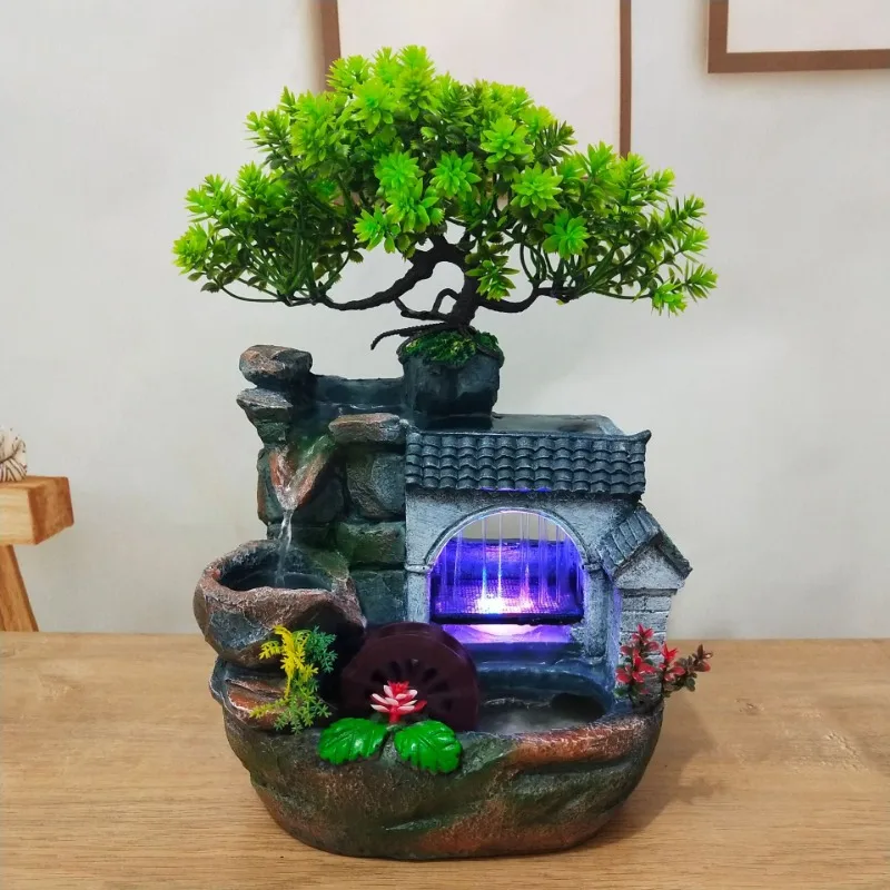 Tabletop resin Bird Fountain standing on the tree with led light Electric Portable Water Fountain indoor office relaxation