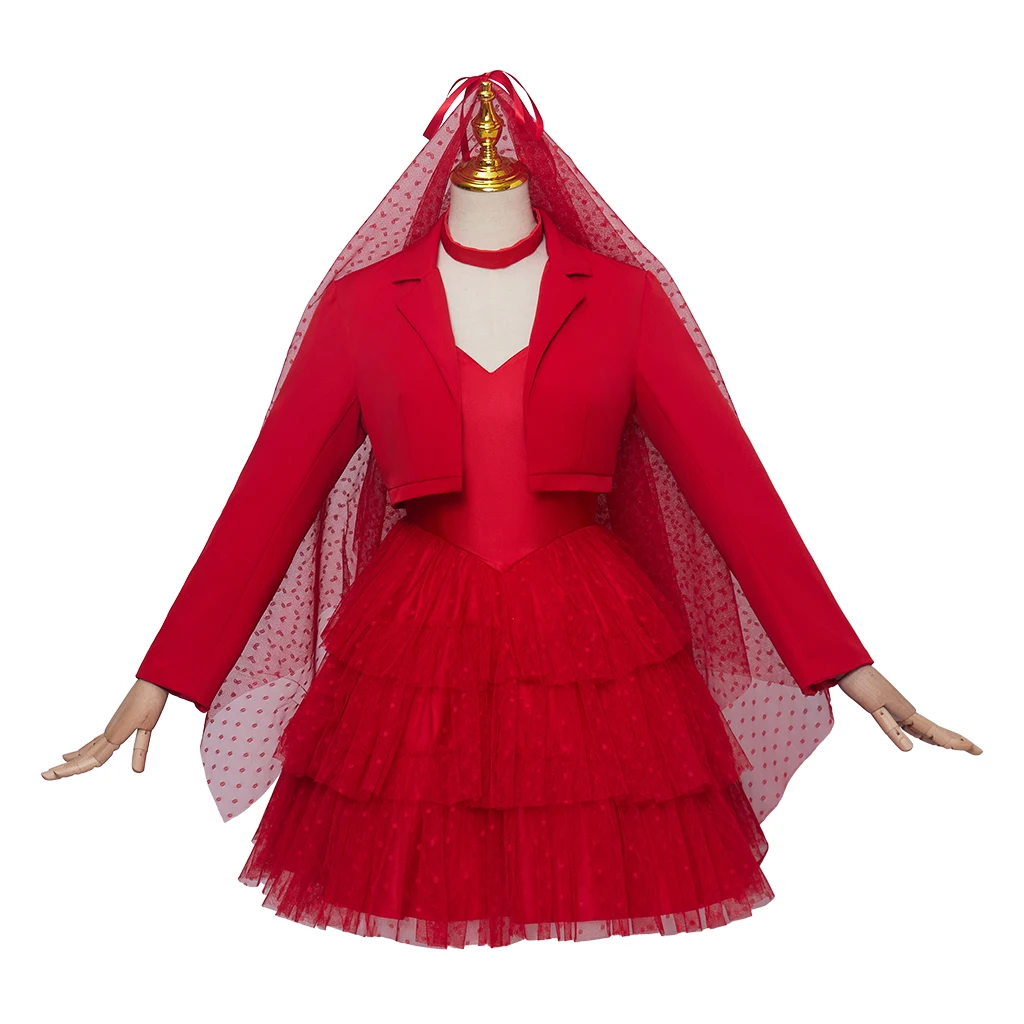 

Movie Lydia Cosplay Red Women Suit Dress Jackct Veil Ladies Bridal Wedding Dress Suit Halloween Costume New Year Costume