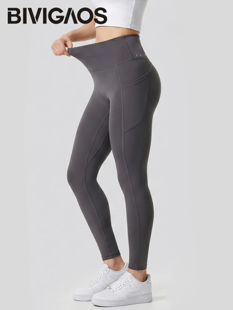 BIVIGAOS Spring Autumn Peach Butt Pocket Yoga Leggings Women High Waist Tight Stretch Sport Fitness Running Sharkskin Leggings