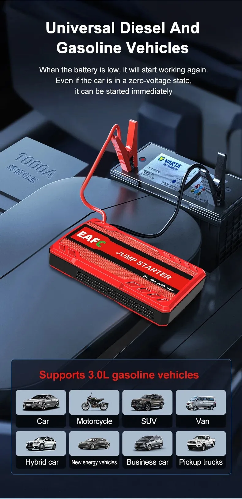 EAFC 600A Peak Car Jump Starter Power Bank, tragbarer 12-V-Batterieladegerät-Booster mit USB-Anschluss und SOS-LED-Licht – Detail 10