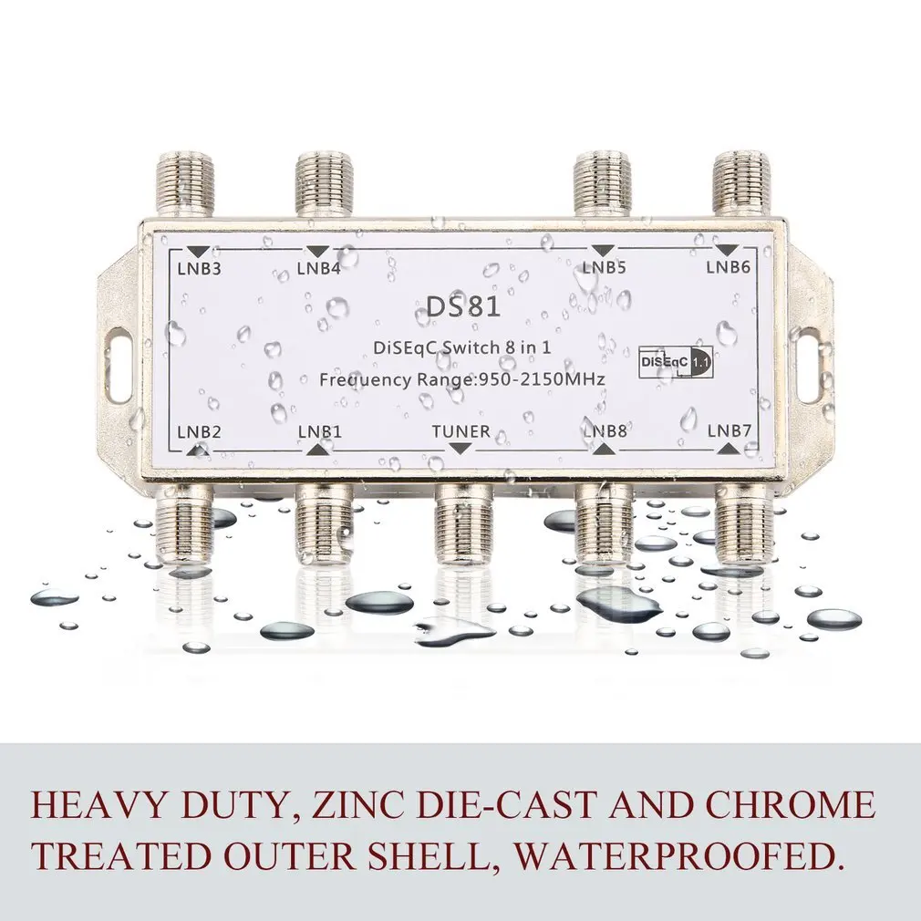 DS81 8 in 1 Satellite Signal DiSEqC Switch LNB Receiver Multiswitch Heavy Duty Zinc Die-cast Chrome Treated 950-2150MHz
