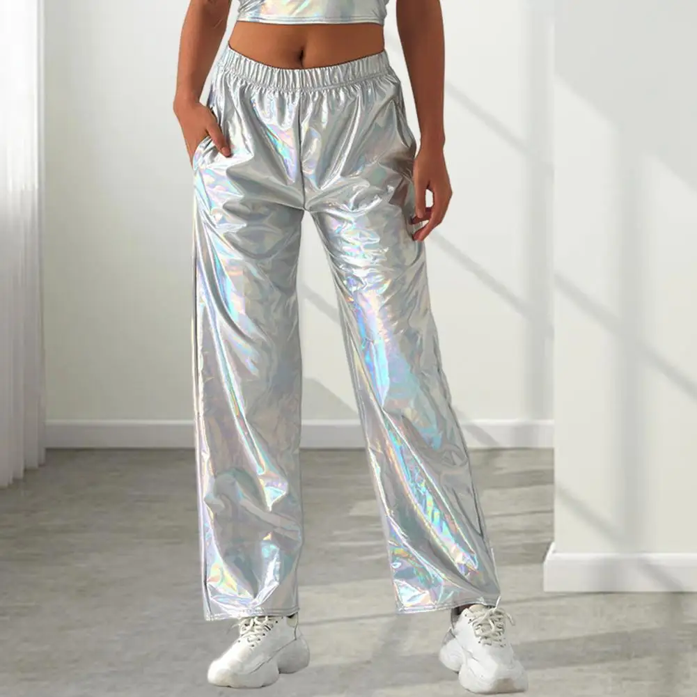 Women Metallic Pants Women Wide Leg Pants Women's Metallic High Waist Holographic Pants Wide Leg Streetwear Trousers for Hip