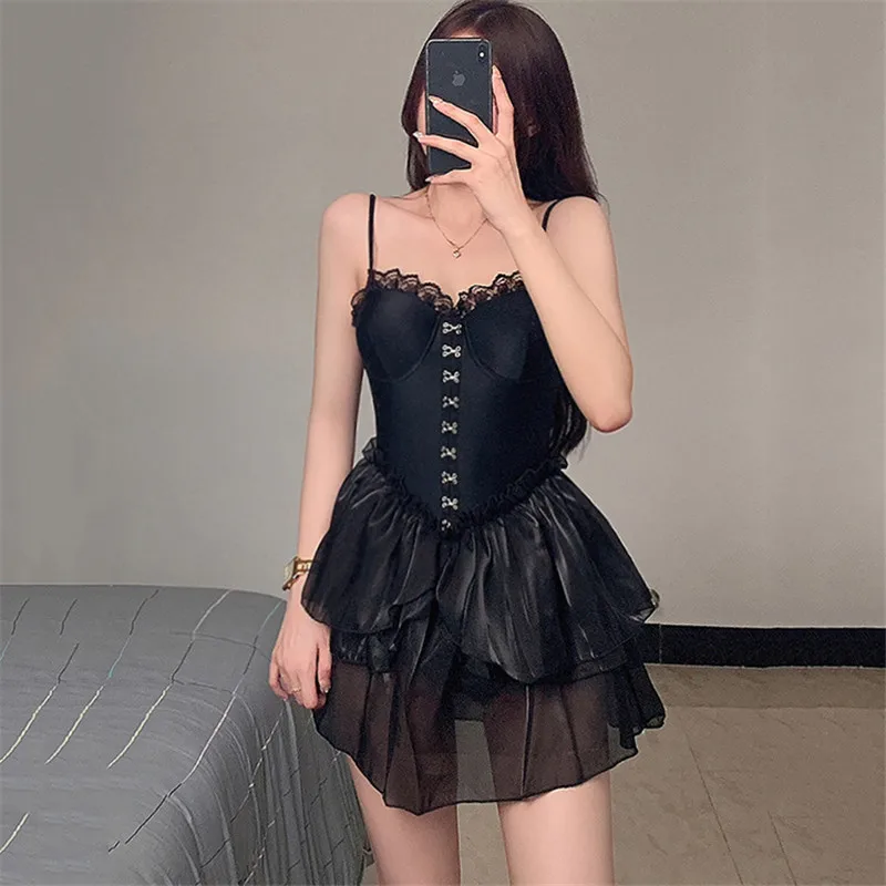 Dulce negro moda coreana traje de baño Mini Slip vestidos con volantes Culottes una pieza Push Up traje de baño borde de encaje vacaciones ropa de playa