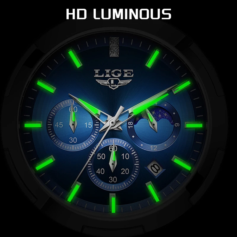 นาฬิกากันน้ำ LIGE สำหรับผู้หญิง นาฬิกาข้อมือสำหรับเล่นกีฬากลางแจ้ง แฟชั่นหรูหรา เรืองแสง แสดงข้างขึ้นข้างแรม นาฬิกาควอตซ์โครโนกราฟ
