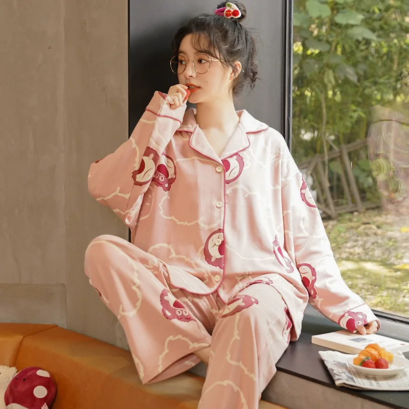 Disney Winnie the Pooh autumn pajamas pure cotton new trousers two-piece casual cartoon loungewear set women\'s pajamas