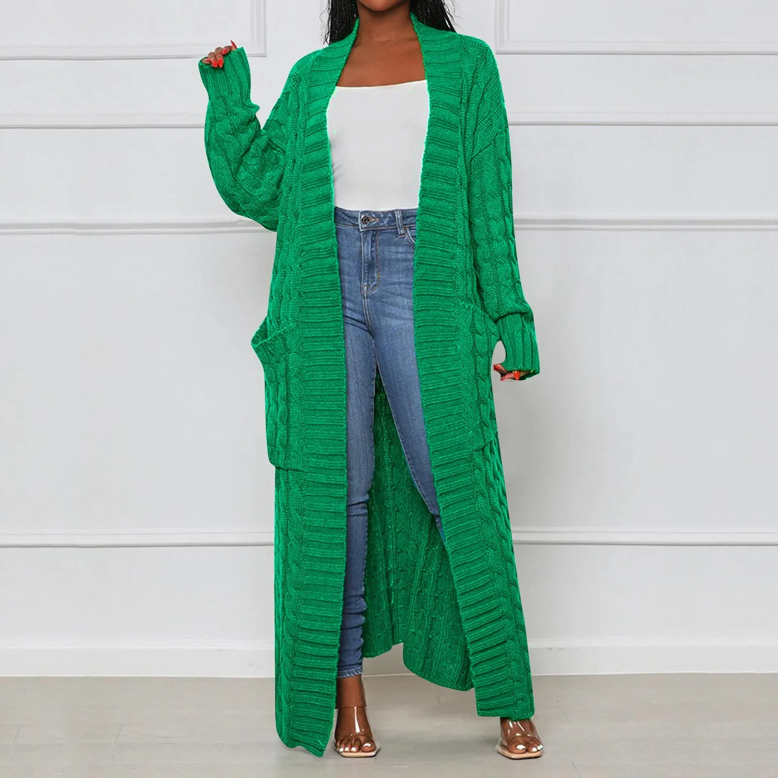 Thicken Long Cardigan Women Green Knitted Crochet Loose Full Sleeve Female Sweater 2022 Autumn Winter Warm Casual Lady Overcoats