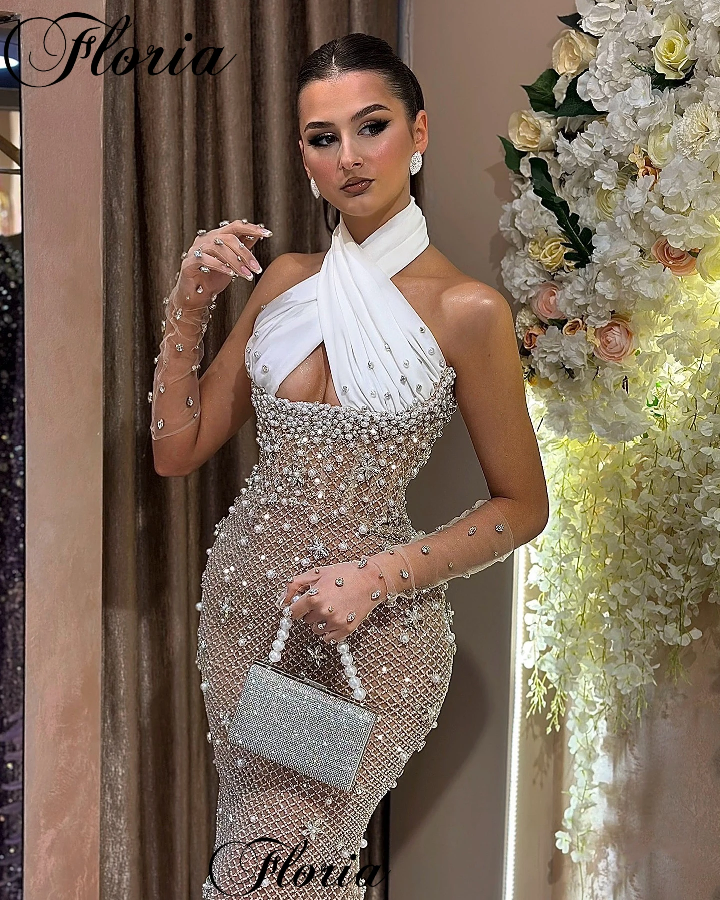 New Fashion Halter Celebrity Dresses For Women Popular Evening Party Dresses With Pearls Vestidos De Noche Prom Dresses Custom