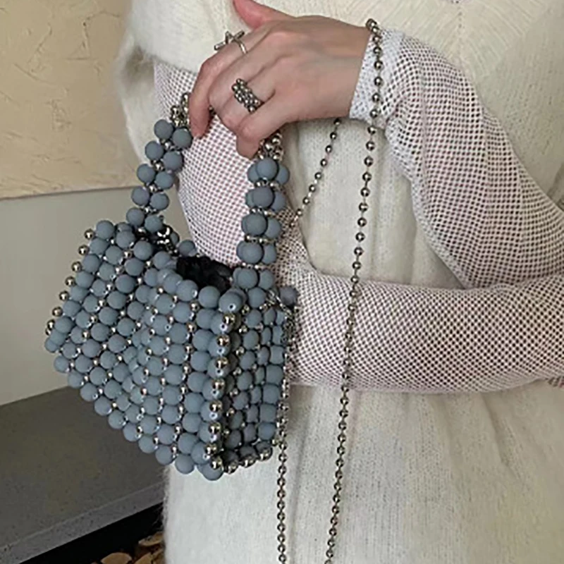 Homemade Patchwork Beaded Woven Totes for Women Sliver Long Chain Kawaii Candy Frosting Bead Original Niche Purses and Handbags