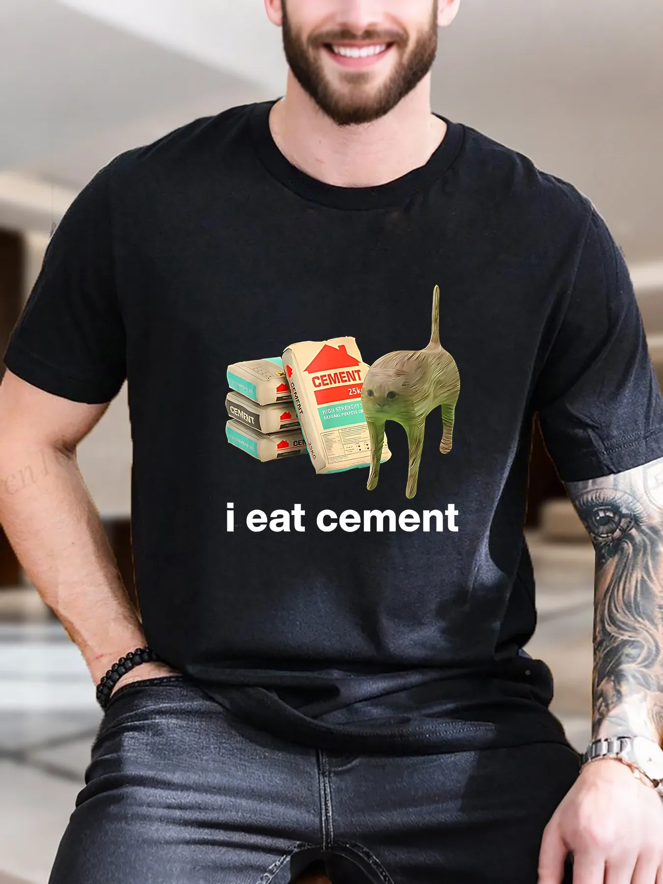 

New Arrival Fashion Men's Cat Print T-Shirt 100% Cotton Casual Comfort Fit Tee with Standing Cat Cement Bag Graphic Trendy Streetwear
