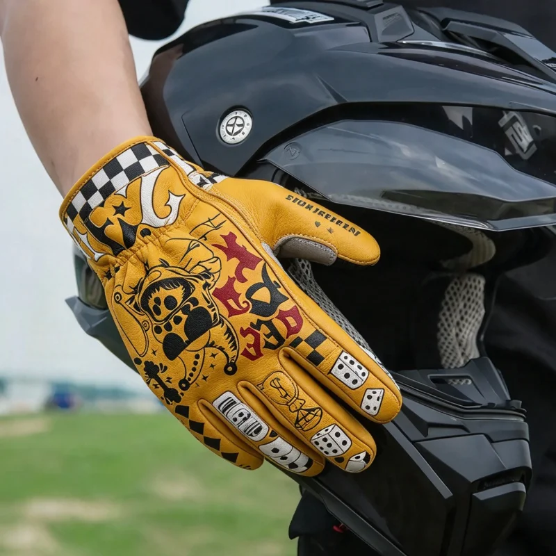 Vintage Cowhide Gloves Retro Graffiti Print Breathable Full Finger Leather Gloves For Motorcycle Riding Camping Outdoor Work Men