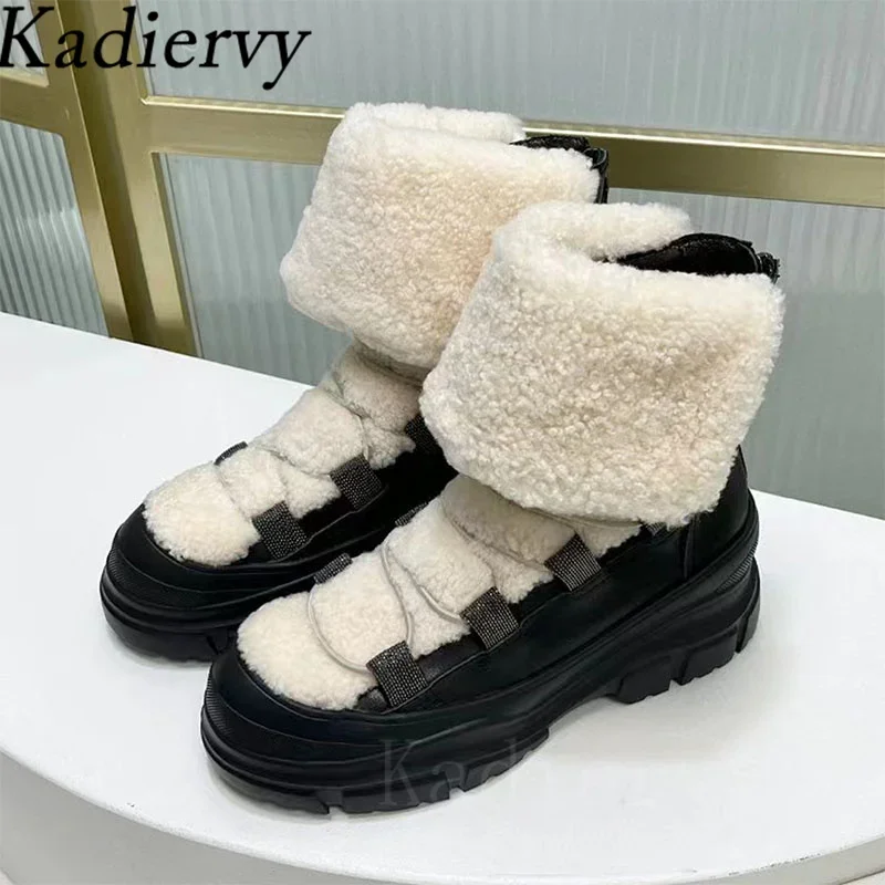 Luxury Fur Short Boots Woman Cross Lace Up Wool Warm Winter Shoes Woman String Bead Thick Sole Motorcycle Boots Women Botas