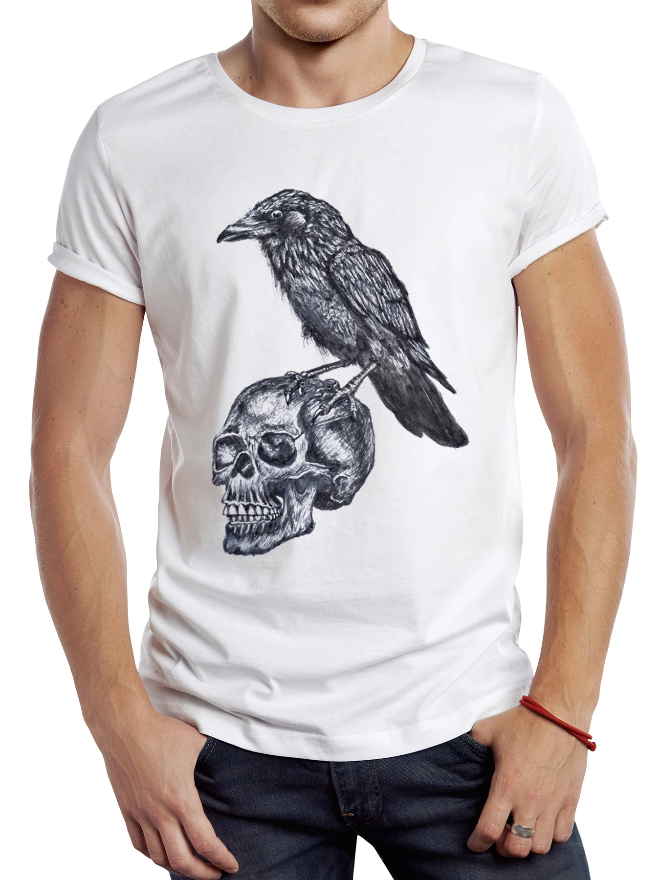 

FPACE Vintage Skull and Raven Printed Men T Shirt Short Sleeve Casual Punk T-shirt Sport Tops Graphic Streetwear