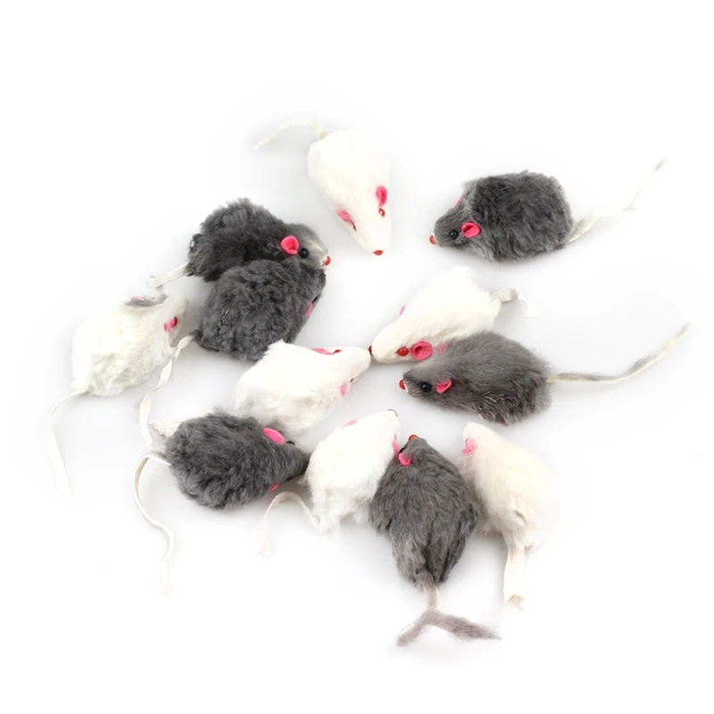 12Pcs False Mouse Cat Pet Toys Cat Long-Haired Tail Mice Sound Rattling Soft Real Rabbit Fur Sound Squeaky Cat Toy