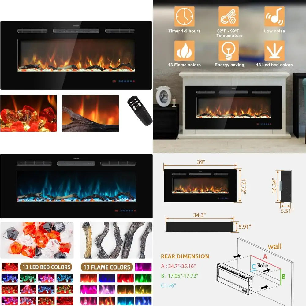 Inserto para chimenea eléctrica de 39 pulgadas: calentador empotrado y montado en la pared con diseño lineal, termostato, control remoto y pantalla táctil